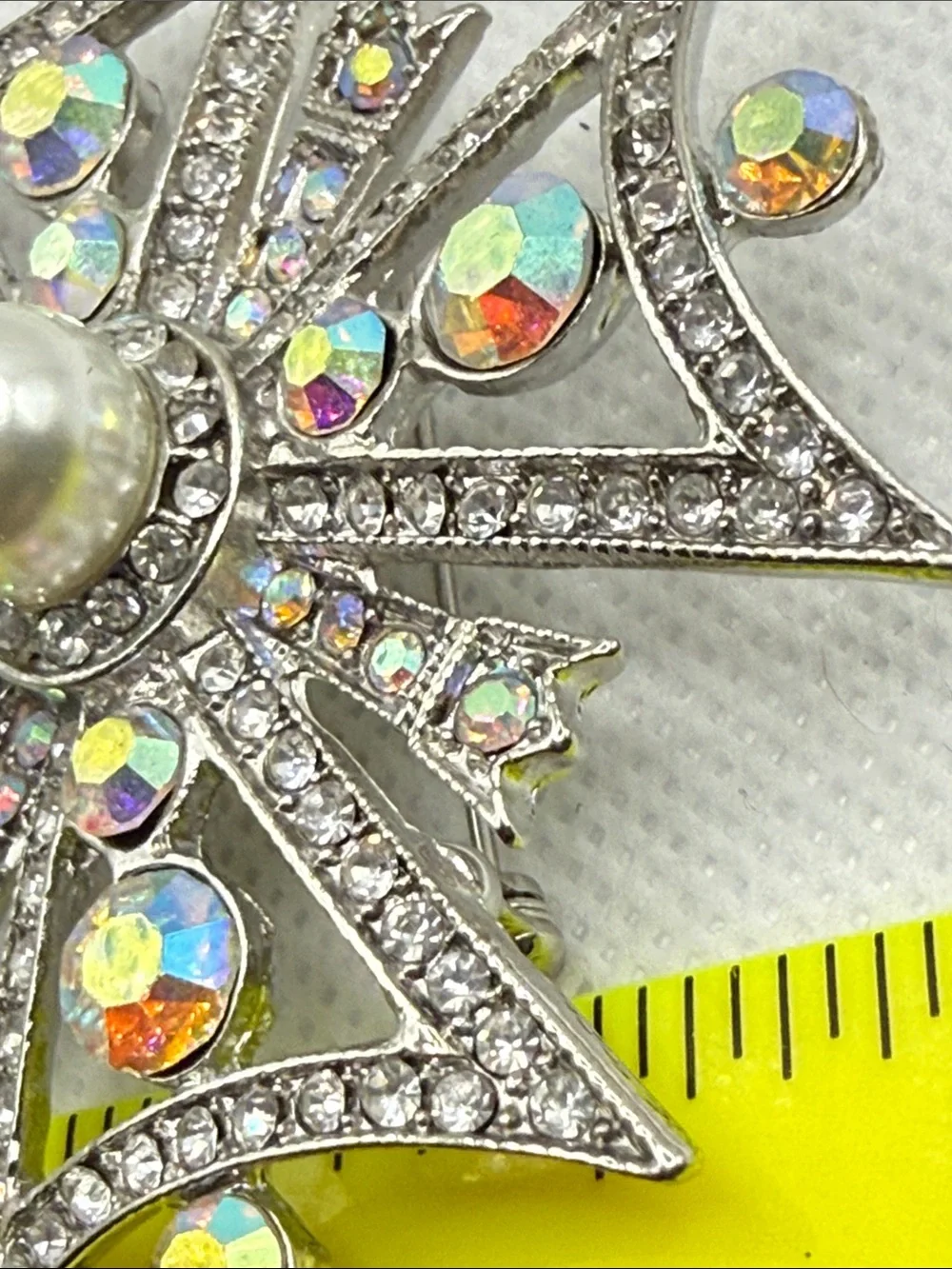 High end Vintage Aurora Borealis pave rhinestone  Cross Brooch faux Pearl Center